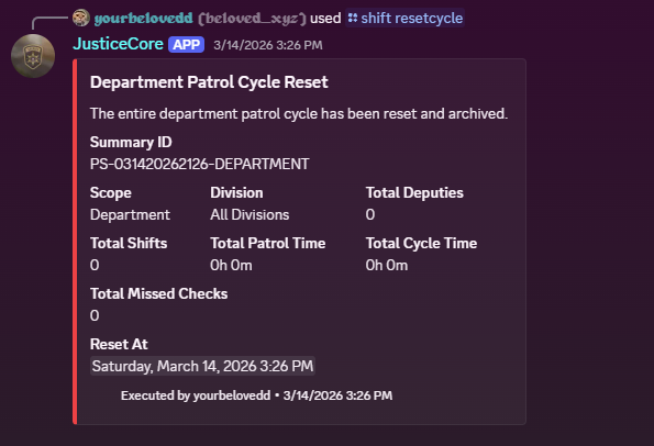 JusticeCore Patrol Cycle Reset