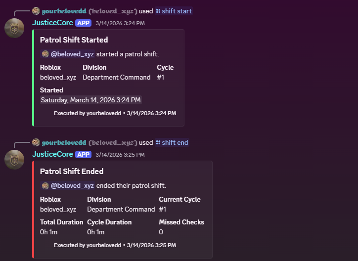JusticeCore Patrol Shift Start / Ending