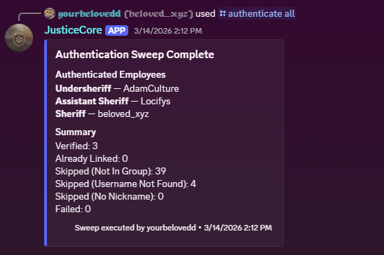 JusticeCore Authentation Sweep